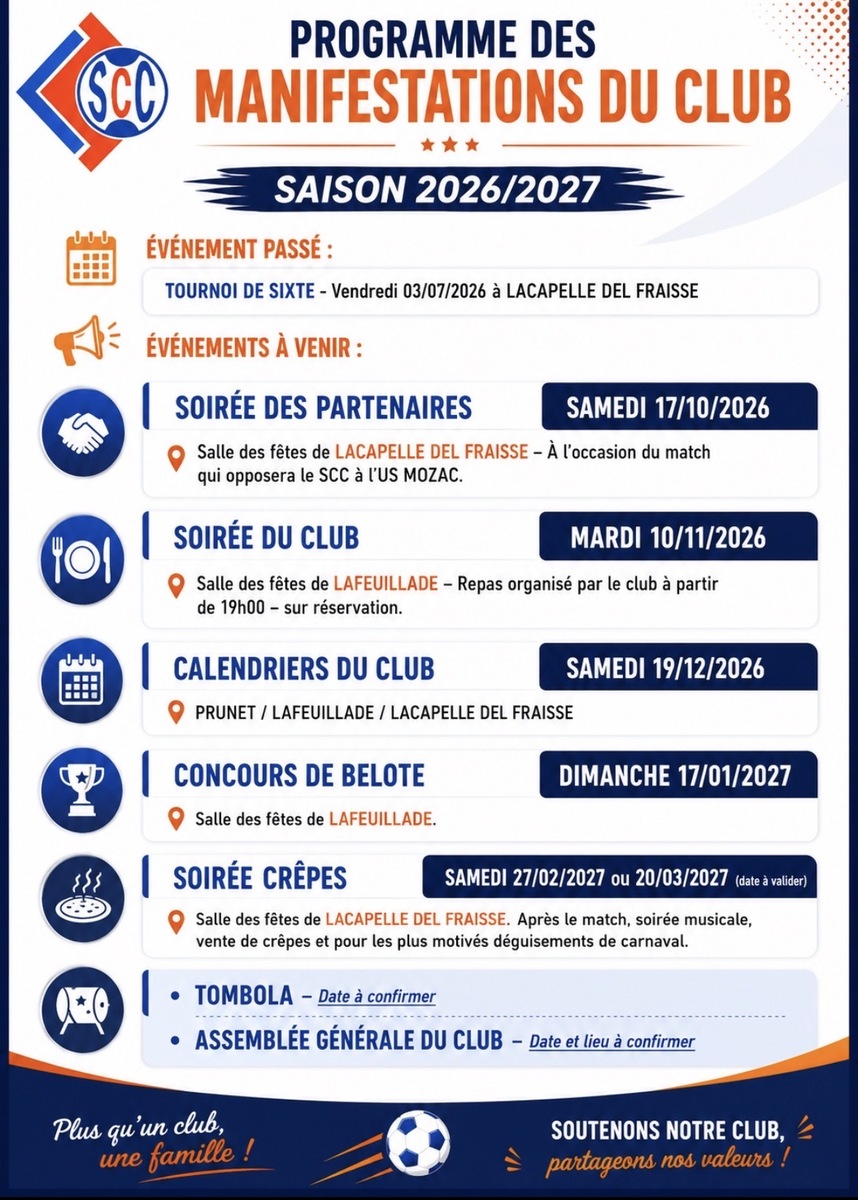 ANIMATIONS / MANIFESTATIONS DU CLUB SAISON 2026/2027